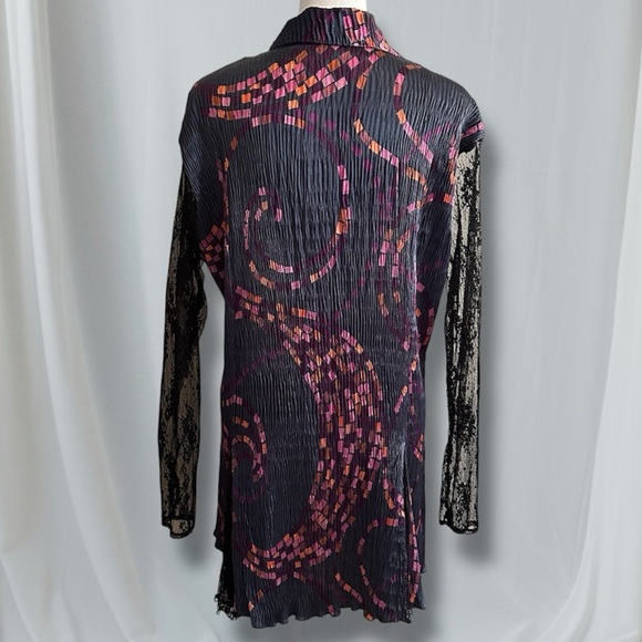 KOMAROV Button Front Lace Sleeve and Detail Crinkle Multicolor Shirt Top Dress L - Picture 5 of 9